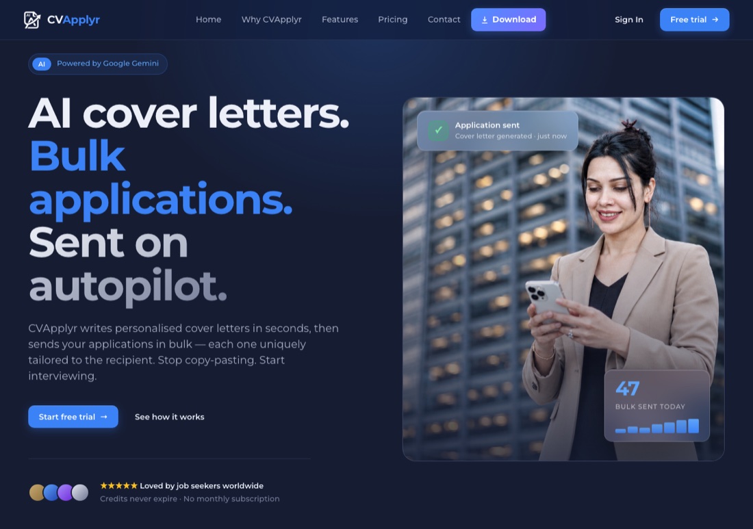 cvApplyr drafts a tailored cover letter per role, then bulk-sends — each one personalised.